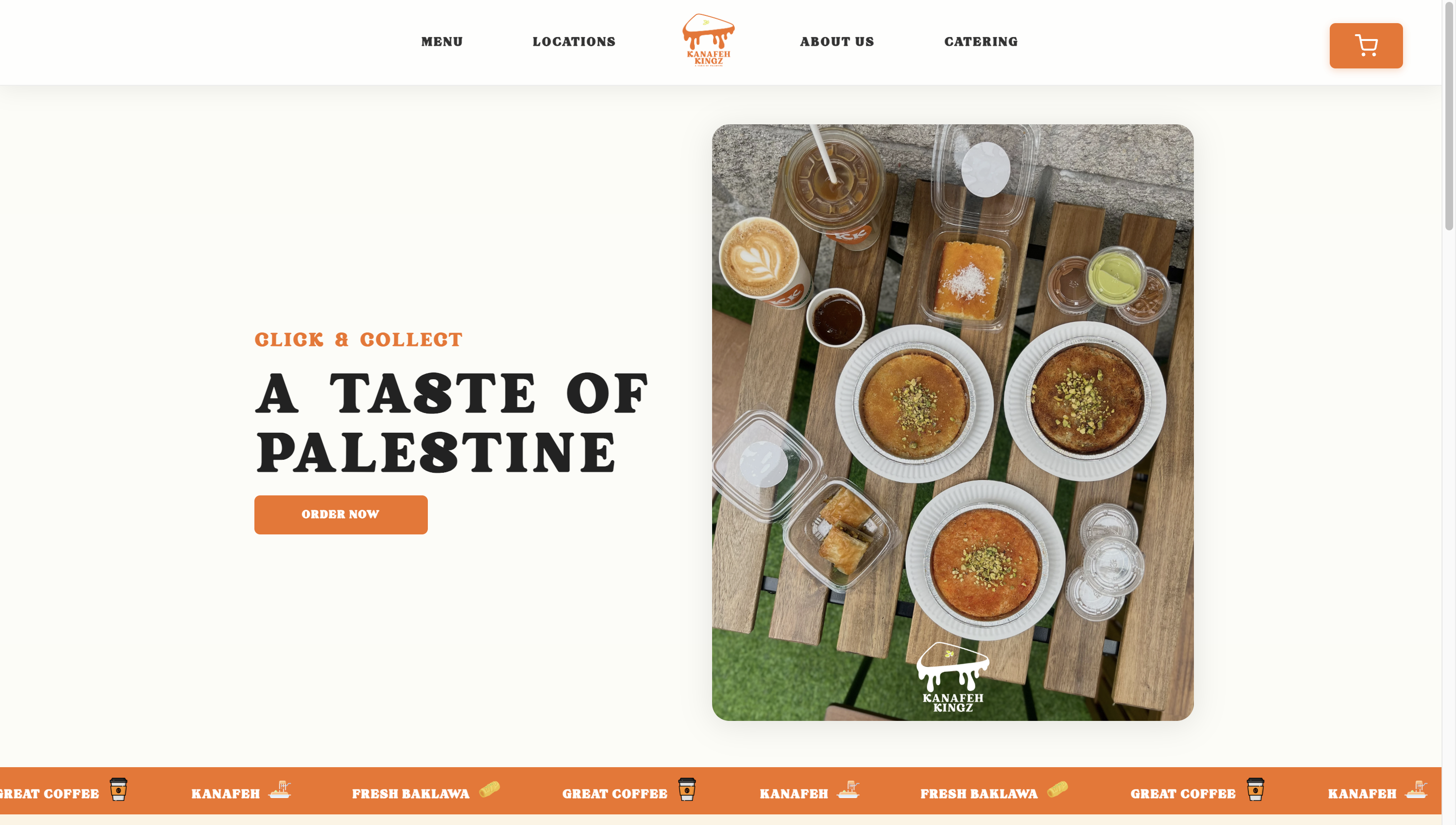 Kanafeh Kingz — Restaurant website with smart delivery routing to Deliveroo & JustEat. Next.js, SSR, mobile-first.